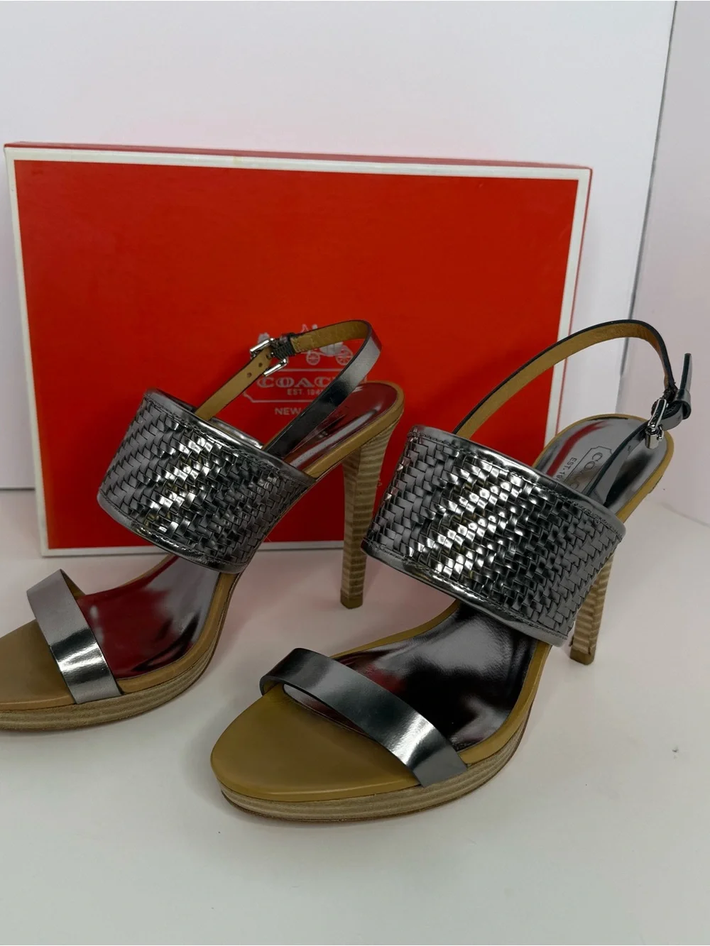 Coach Metallic Gray Woven Leather High Heel Sandals